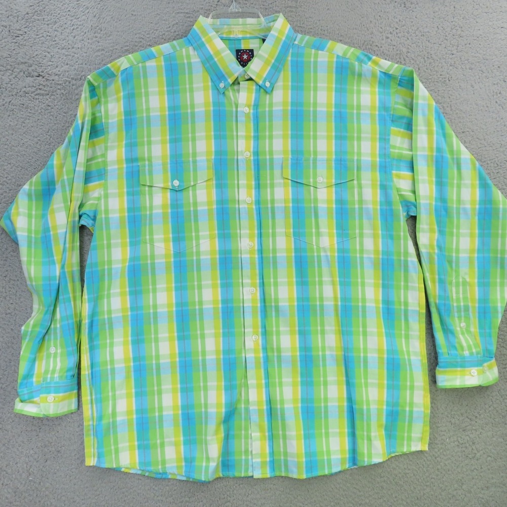 Panhandle Slim Shirt Men XL Blue Yellow Green Button Up Long Sleeve Cowboy